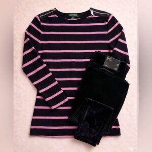 BUNDLE DEAL - Ralph Lauren Black & Pink Striped Knit Top and INC Velvet Pants